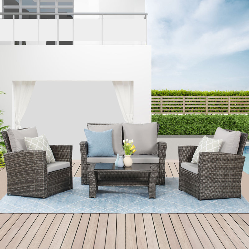 Netherside 4 Piece Rattan Sofa Seating Group with Cushions Ebern Designs Frame Color Cushion Color Gray Frame Gray Cushion